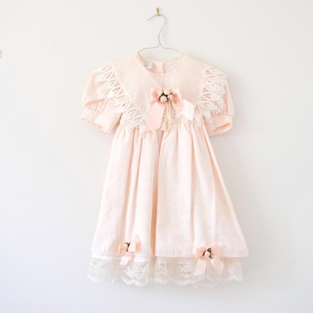 Girl's Peach Floral & Lace Jacquard Dress